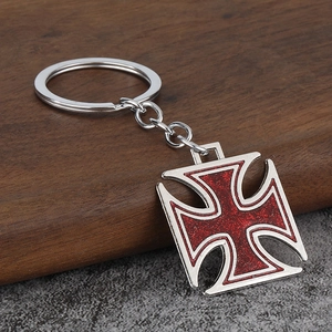Retro hip hop keychain with silver metal iron cross pendant and red glitter finish