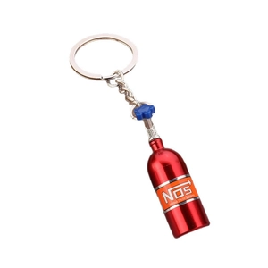 Red metal NOS nitrous oxide tank keychain for car enthusiasts with silver ring