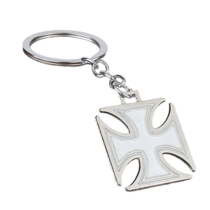 Hip hop style retro iron cross keychain with white enamel inlay and silver polished finish