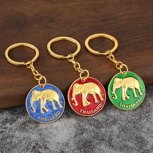 Thailand Elephant Keychain Golden Zinc Alloy 3D Relief Enamel Round Pendant Travel Souvenir Gift For Men And Women