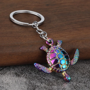 Detailed close-up of a rainbow plated sea turtle keychain on rustic wood and stone