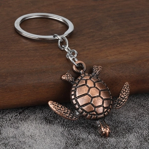 Detailed view of turtle keychain with antique bronze finish and realistic shell texture