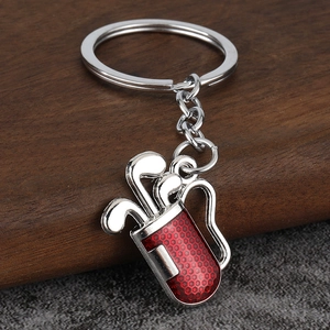 3D simulation golf club bag keychain made of polished silver zinc alloy and red honeycomb