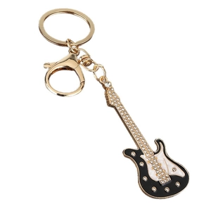 Porte-clés mini guitare avec émail noir et blanc et strass étincelants