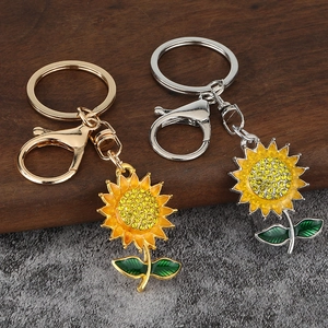 Sunflower metal keychain with sparkling yellow rhinestones and lobster clasp closure