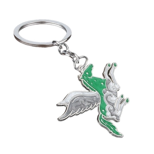 Green and silver Pegasus enamel keychain with star patterns on a metallic horse charm