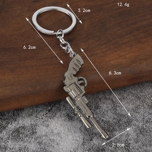 Gunmetal zinc alloy revolver keychain with 24 Revolver engraving on a dark background
