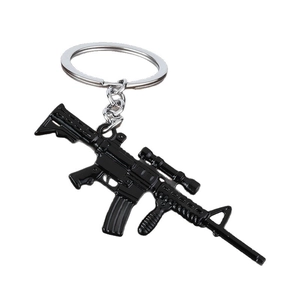 Black alloy PUBG assault rifle keychain model with realistic scope and magazine details