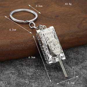 Silver metal tank keychain model for men with detailed turret and measurement markings