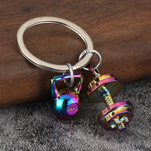 Rainbow plated fitness keychain with mini dumbbell and kettlebell charms for gym lovers