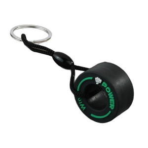 Creative black rubber tire keychain with green Power text and black braided lanyard