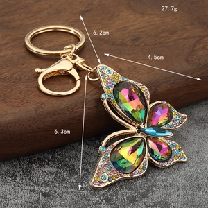 Zinc alloy butterfly keychain with colorful crystals and dimensions shown in main view