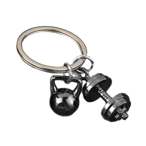 Dumbbell and kettlebell metal keychain with glossy black finish and 24kg gym charm