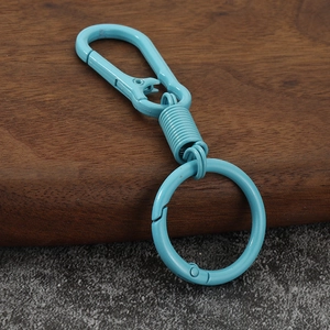 Detail of light blue zinc alloy spring carabiner keychain with round split ring on wood