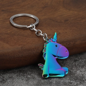 Rainbow gradient unicorn keychain in polished metal with stainless steel ring accessory