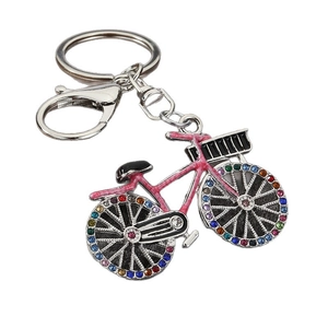 Pink alloy bicycle keychain with colorful rhinestones on wheels and lobster clasp