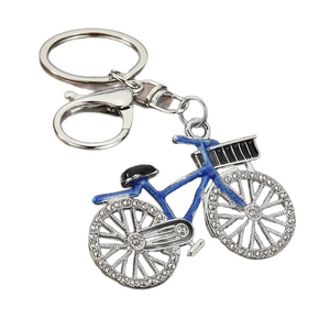 Creative bicycle keychain with sparkling rhinestones and blue enamel finish on silver metal