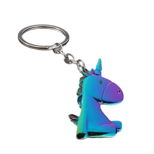 Rainbow plated metal unicorn keychain with iridescent finish on a clean white background