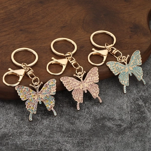 Colorful rhinestone butterfly keychains in gold alloy with lobster clasp and ring