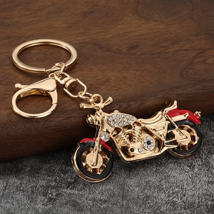 Rhinestone Harley-style motorcycle metal keychain with golden plating and lobster clasp