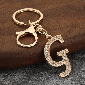 Golden metal letter G keychain with rhinestones and lobster clasp for bags