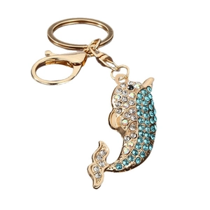 Sparkling blue rhinestone dolphin keychain with gold metal ring and lobster clasp