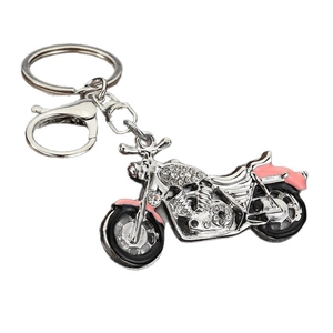 Rhinestone motorcycle keychain with pink trim and silver metal alloy lobster clasp