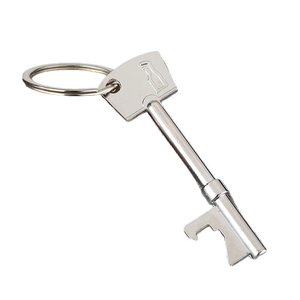 Silver key-shaped bottle opener keychain made of durable stainless steel metal