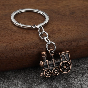 Macro detail of bronze steam locomotive keychain with intricate vintage industrial patterns