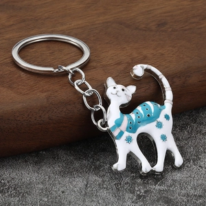 Detail of cute white enamel cat keychain with blue pink stripes and metal ring