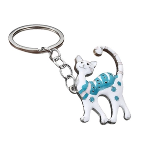 Chic enamel cat keychain with artistic white blue pink patterns and silver metal ring