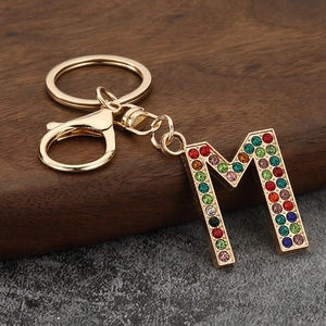 Colorful rhinestone letter M keychain with gold plating for handbags and backpacks