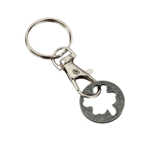 Cartoon zinc alloy supermarket trolley token keychain with a hollow flower metal pendant
