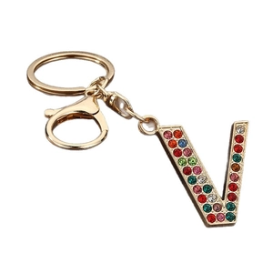 Colorful rhinestone alphabet V keychain in gold finish with metal ring and lobster clasp