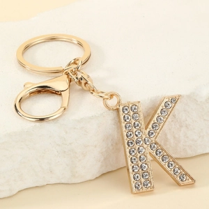 Golden letter K keychain with rhinestones, luxury pendant with lobster clasp and split ring