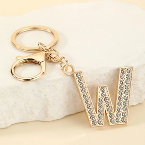 Gold letter W keychain featuring sparkling crystal rhinestones with lobster clasp