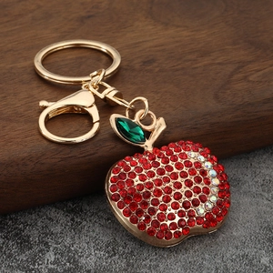 Sparkling apple keychain with red rhinestones and gold alloy lobster clasp for women