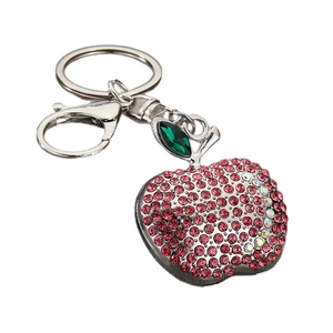 Sparkling pink rhinestone apple keychain with green leaf and silver lobster clasp