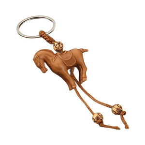 Retro wooden-style resin horse keychain with woven rope and vintage decorative beads