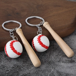 Creative 2-piece PVC baseball keychain set with realistic mini ball and wooden bat pendant