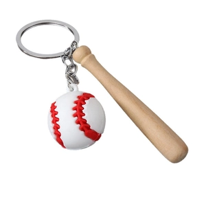 Sports style keychain featuring a mini baseball with red stitching and a wooden bat