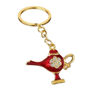 Traditional Aladdin magic lamp keychain in red enamel with gold plating and crystals