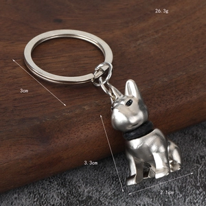 Minimalist silver matte French Bulldog keychain with dimensions 3.3cm by 2.1cm