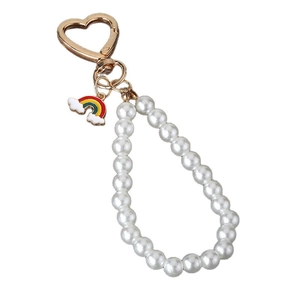 Cute pearl keychain with heart carabiner and rainbow charm for bags and earphone cases