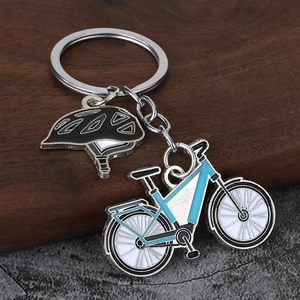Fashionable bicycle and helmet metal keychain with blue and white bike pendant