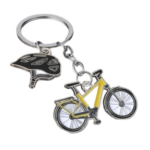 Creative bicycle keychain featuring a yellow enamel bike and riding helmet pendant
