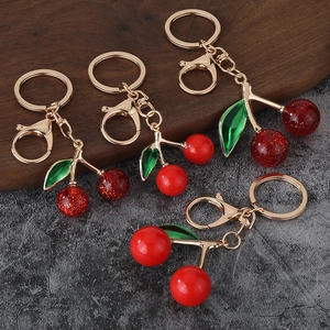 Cherry Fruit Keychain Zinc Alloy Resin Enamel Green Leaf Glitter Red Bag Charm Fashion Accessory For Women Girls
