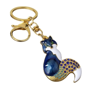 Exquisite fox enamel keychain with blue crystals and gold plating for handbags