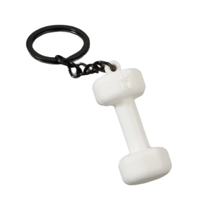 Creative white dumbbell keychain with 45 LB relief on black metal ring and chain