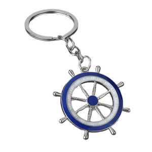 Porte-clés de gouvernail nautique en métal argenté avec émail bleu et blanc